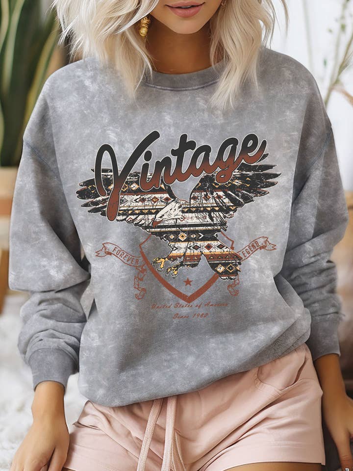 VINTAGE FOREVER EAGLE MINERAL GRAPHIC BRUSHED SWEATSHIRT for wholesale by Rustee Clothing