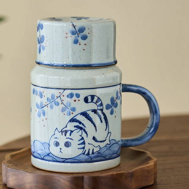 Gohobi Osmanthus-Katzenbecher mit Deckel, handbemalt, blau/weiß für den Großhandel von Gohobi (We cover U.S. import duties)