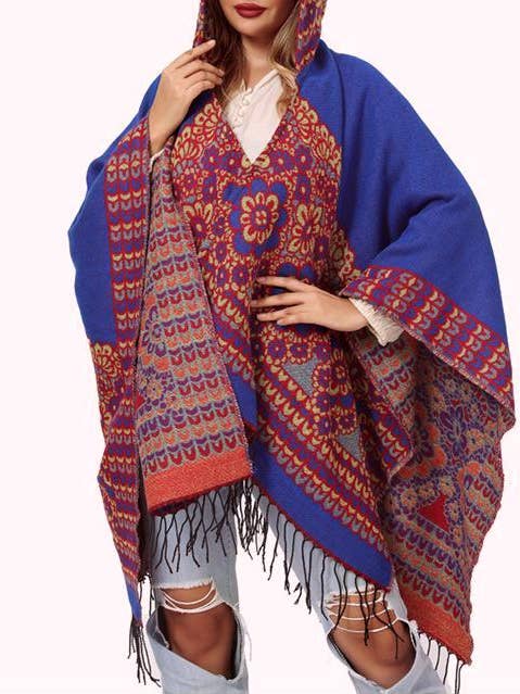 Ethnic western print tasseled hooded cape woven shawl for wholesale by Rosa Clothing