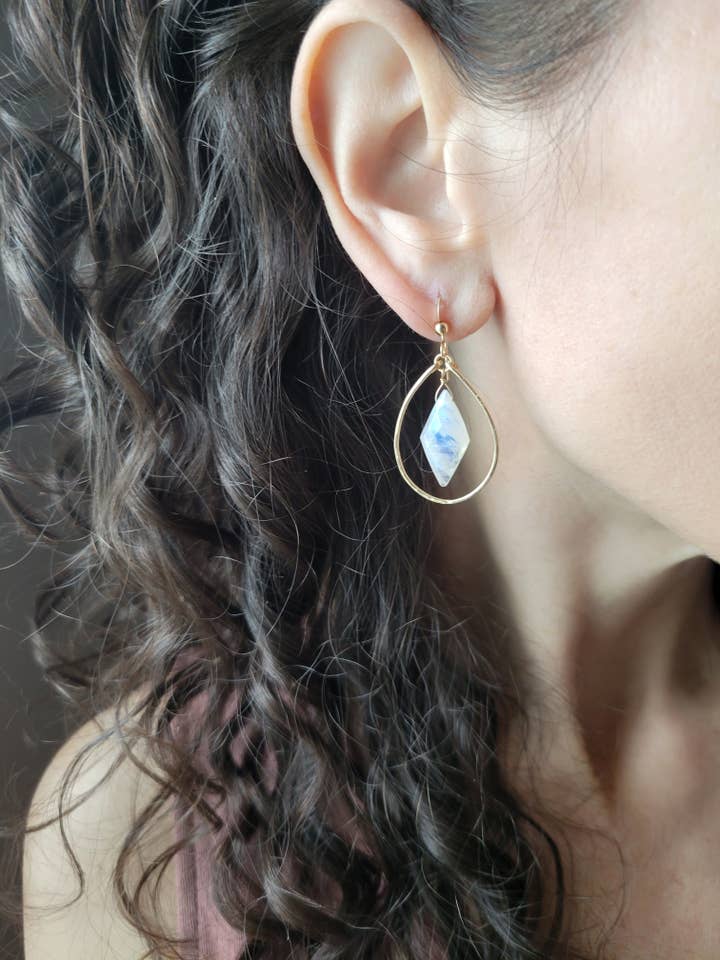 Rainbow Moonstone Hoop Dangle Earrings for wholesale by Leo Eleven Jewelry