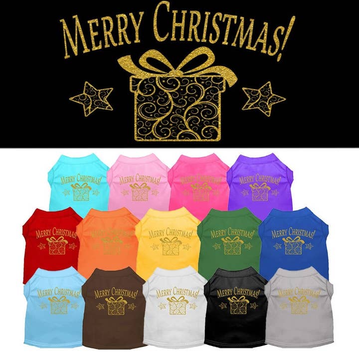 T-shirt pour chien sérigraphié de Noël, "Cadeau de Noël doré" pour la vente par As You Wish Apparel