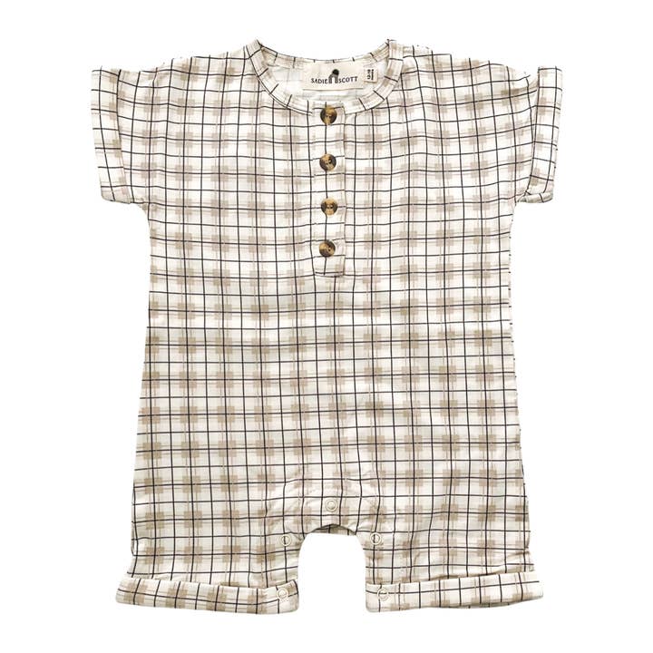 Pantaloncini con bottoni a polsino | Tartan neutro | Bambù per la vendita all'ingrosso da parte di Sadie Scott