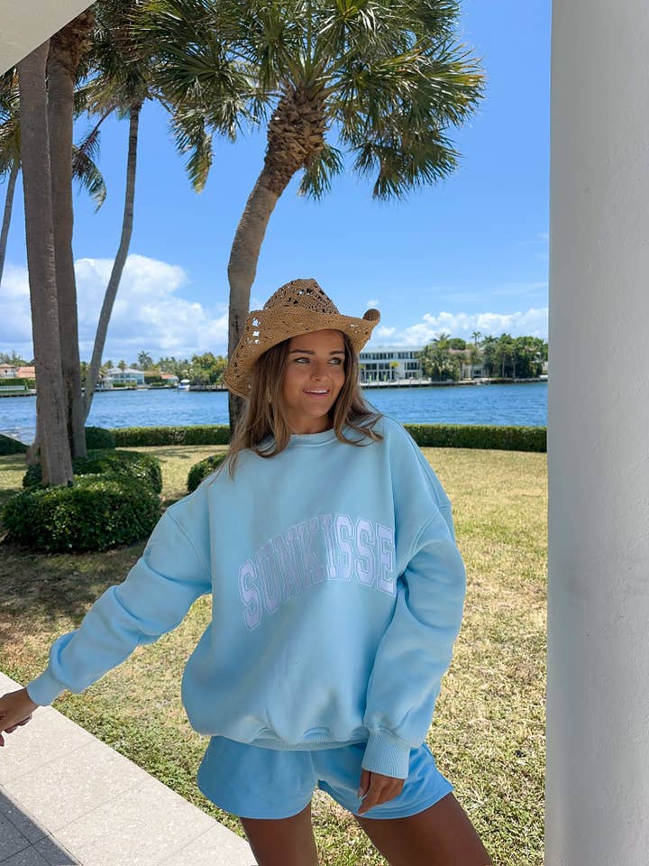 Icy Blue Sunkissed Varsity Embroider Sweatshirt for wholesale on Faire