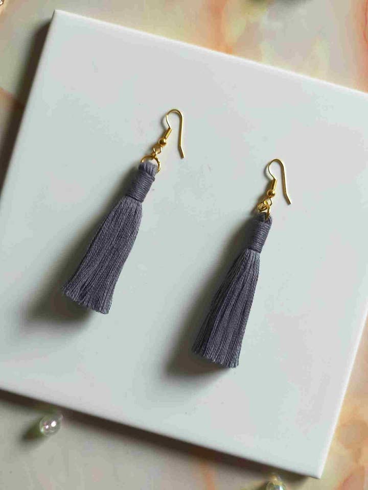"Lia" Grey Gold Plated Cotton Macramé Tassel Earrings for wholesale by Created By Lau