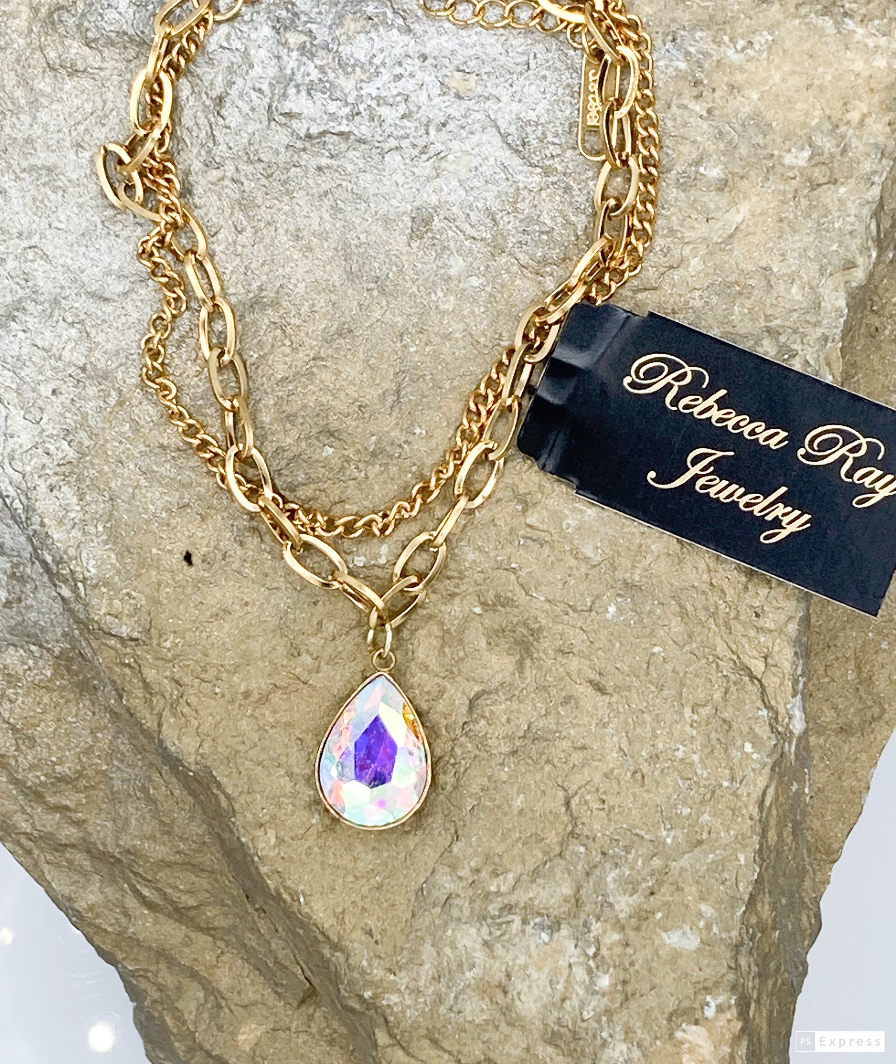Rebecca Ray Jewelry - Wholesale Pendant/Charm Necklace - Gold Double Strand Toggle Necklace with Crystal Teardrop1