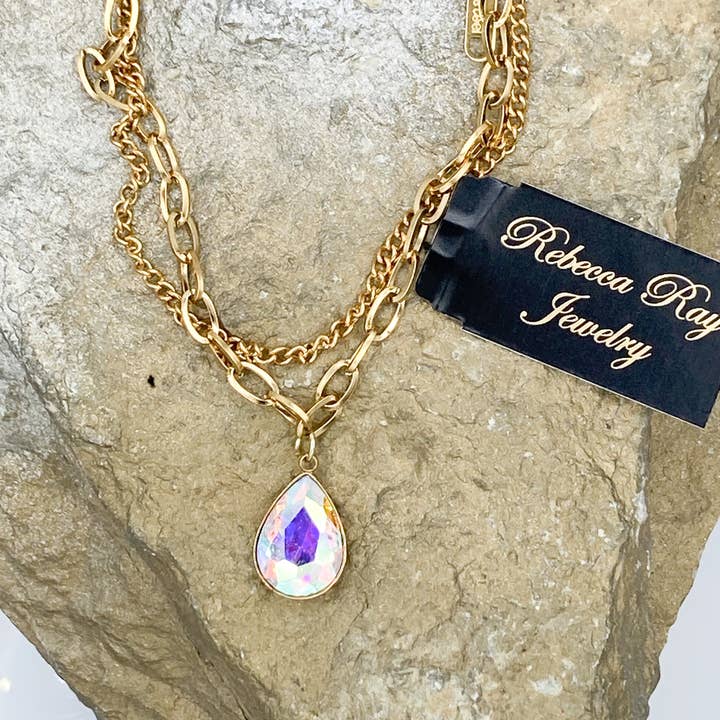Rebecca Ray Jewelry - Wholesale Pendant/Charm Necklace - Gold Double Strand Toggle Necklace with Crystal Teardrop1