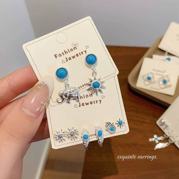 UNISHE - Wholesale Gauge/plug earrings - Vintage Sunflower Bohemian Silver Needle Earrings Set ZK37449