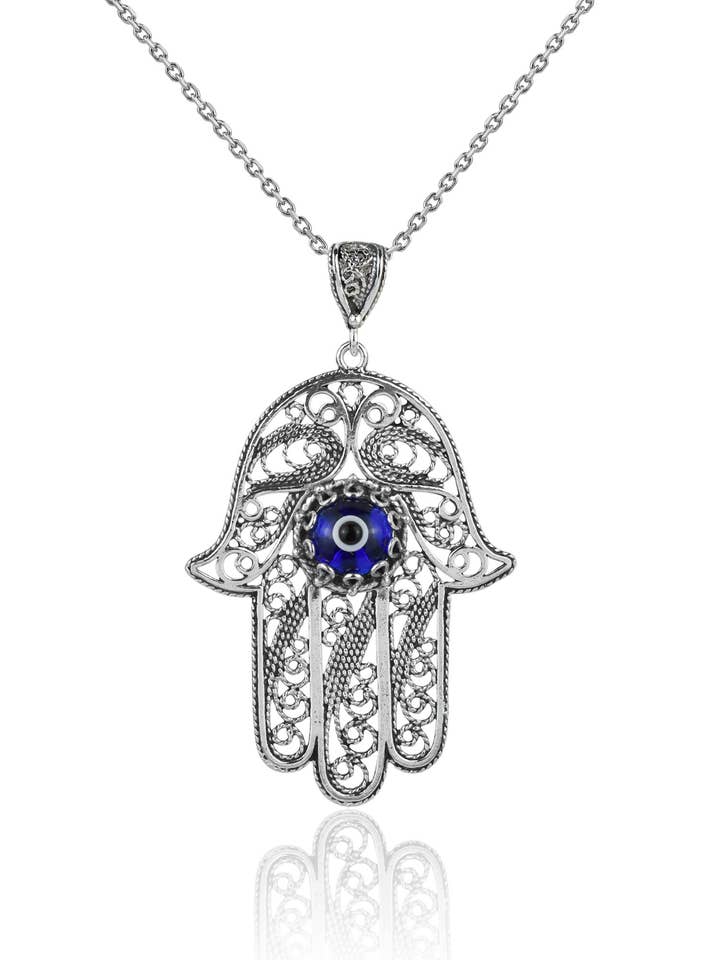 Sterling Silver Hamsa Evil Eye Women Pendant Necklace for wholesale by Filigranist Jewelry