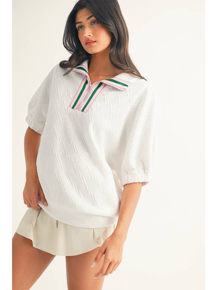 Little Daisy Closet - Wholesale Blouse - Women's - LDC Colorblock Zipper Collar Puff Sleeve Textured Blouse