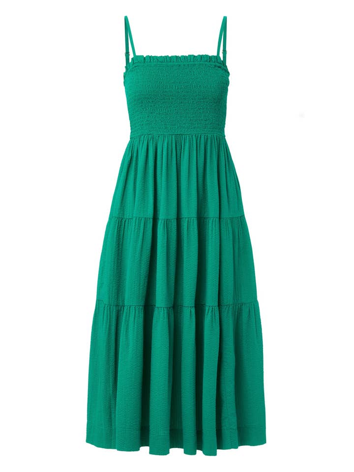 Robe midi en coton mélangé smocké émeraude *Kristen* pour la vente par Change of Scenery