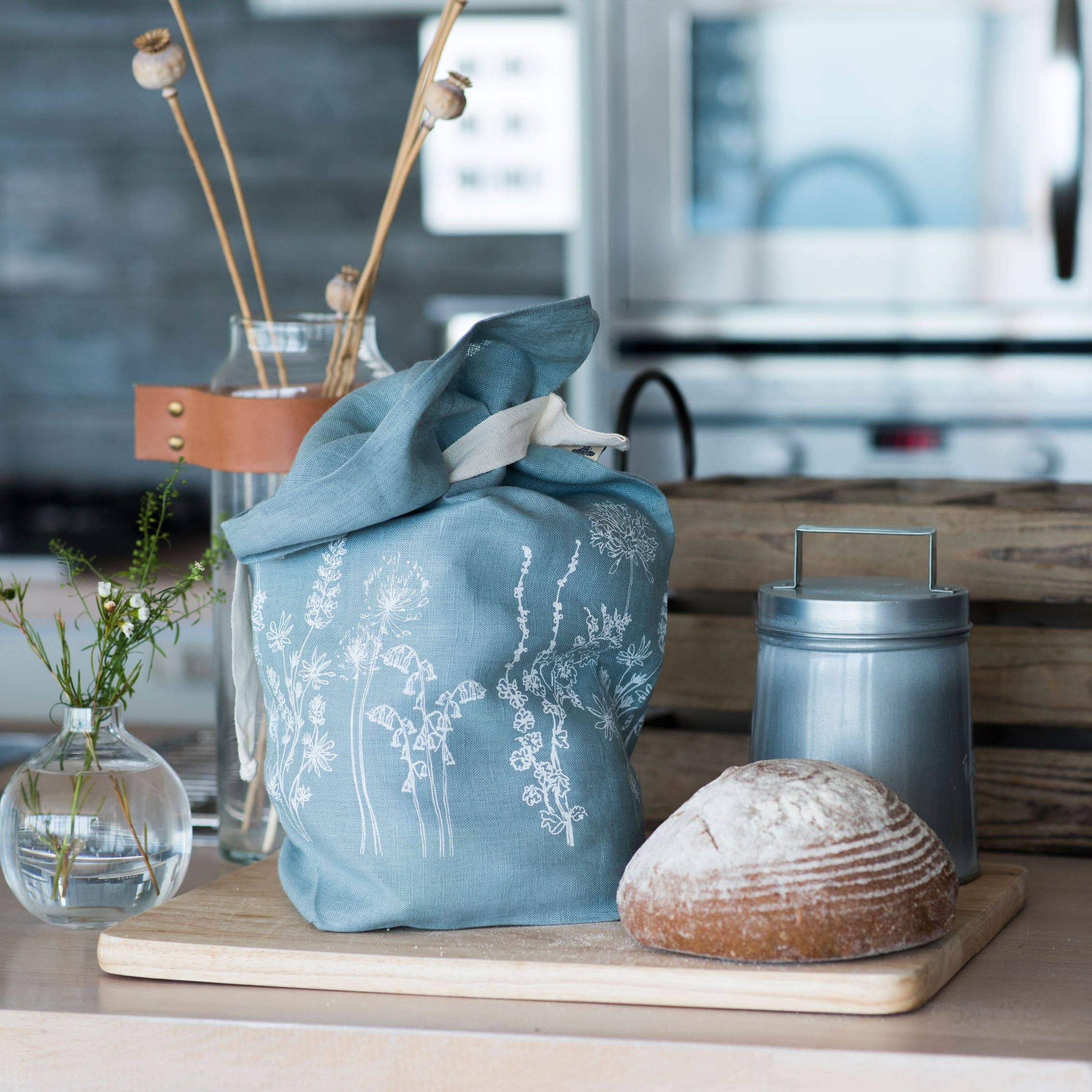 Helen Round - hand printed linen and bamboo wellness - Wholesale Food storage wrap/bag - Linen Bread Bag, Bread Storage, Bakers Bag, Floral Design4