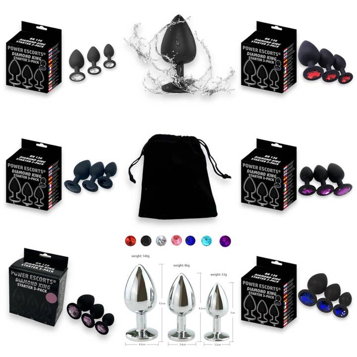 Power Escorts - BR136 - Silicone Anal Plug - Diamond King Black - 3-Pack - 7 Colors for wholesale by Kinky Pleasure