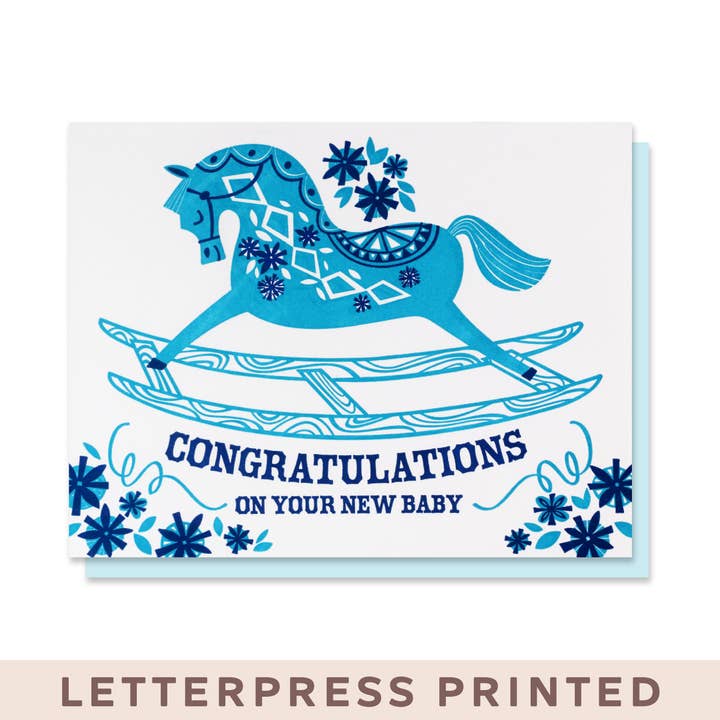 Blue Rocking Horse Card New Baby for wholesale by Paper Parasol Press