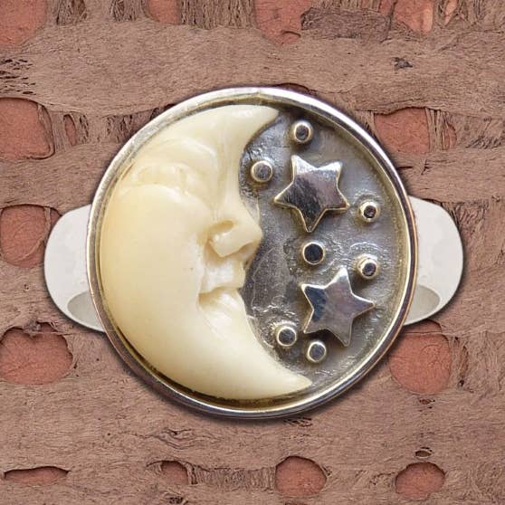 Tagua Nut Half Moon w/ Stars Ring (Medium) for wholesale by Tidepool