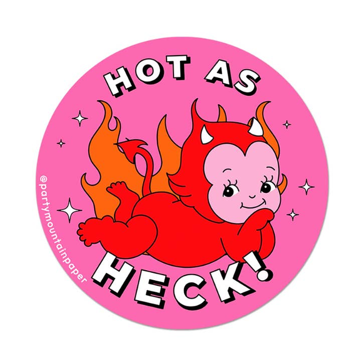 Hot As Heck! Sticker for wholesale by Party Mountain Paper co.