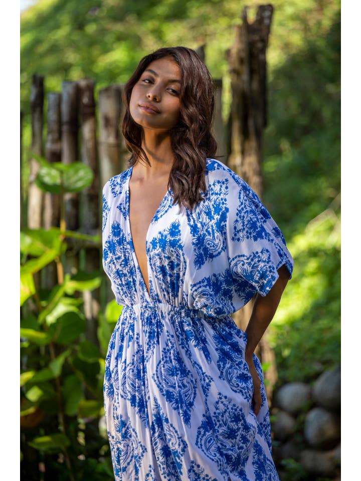Bali Prema – wholesale Dress – Women's – Summer Double Slit Sexy Amy Kimono Maxi Dress in Premium St Johns Blue Diamond