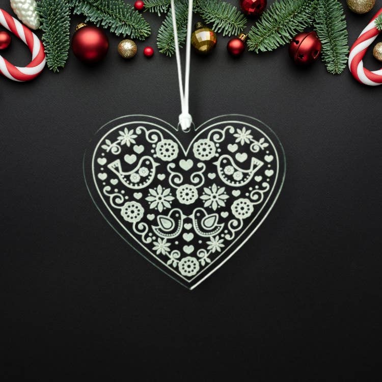 Scandinavian Hearts – wholesale Ornament – Rosemaling Clear Acrylic Laser Cut Hanging Heart Decor1