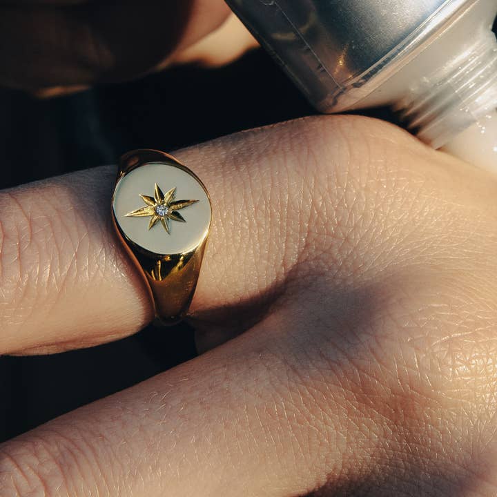 Nordic Muse - Wholesale Signet Ring - Gold Large Stone Embossed Signet Ring, Waterproof