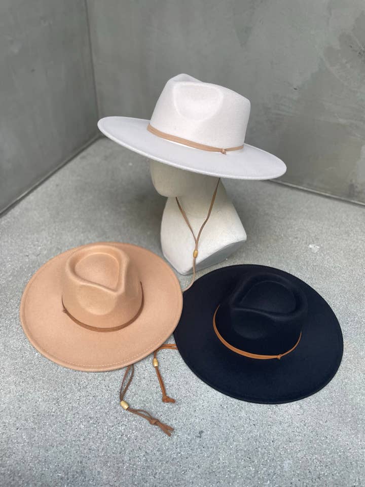 Best Seller! Vegan Felt wide Brim Rancher Hat with Chin Cord for wholesale by Love and Thyme