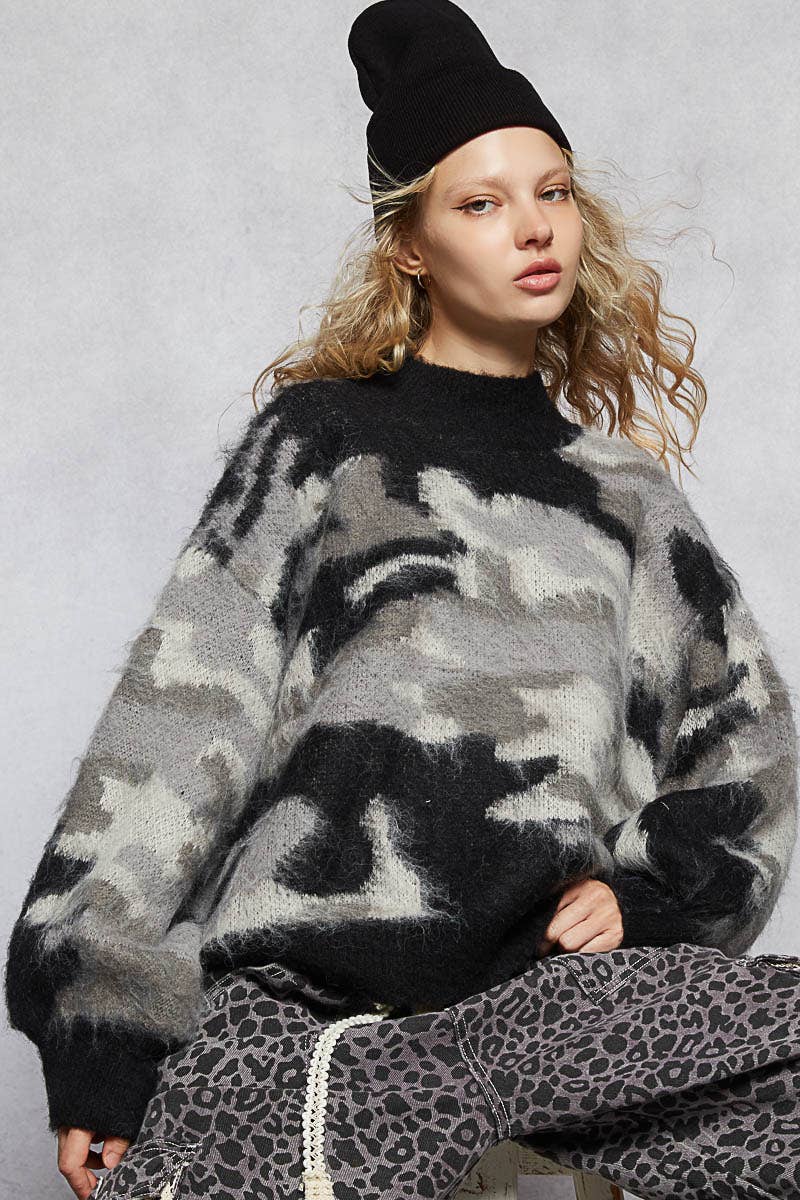 Pol Clothing - Wholesale Knit Sweater - Women's - Long sleeve abstract Color block mohair sweater top SALE3