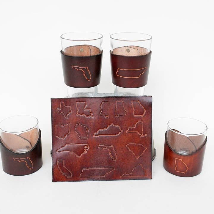 Lindy Leather - Wholesale Beer Glass/Mug - Leather Pint Glass - Custom State Leather Wrap Barware