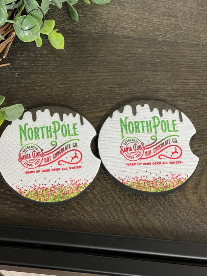 North Pole Hot Chocolate Neoprene Car Coaster Set for wholesale by CMD Wholesale