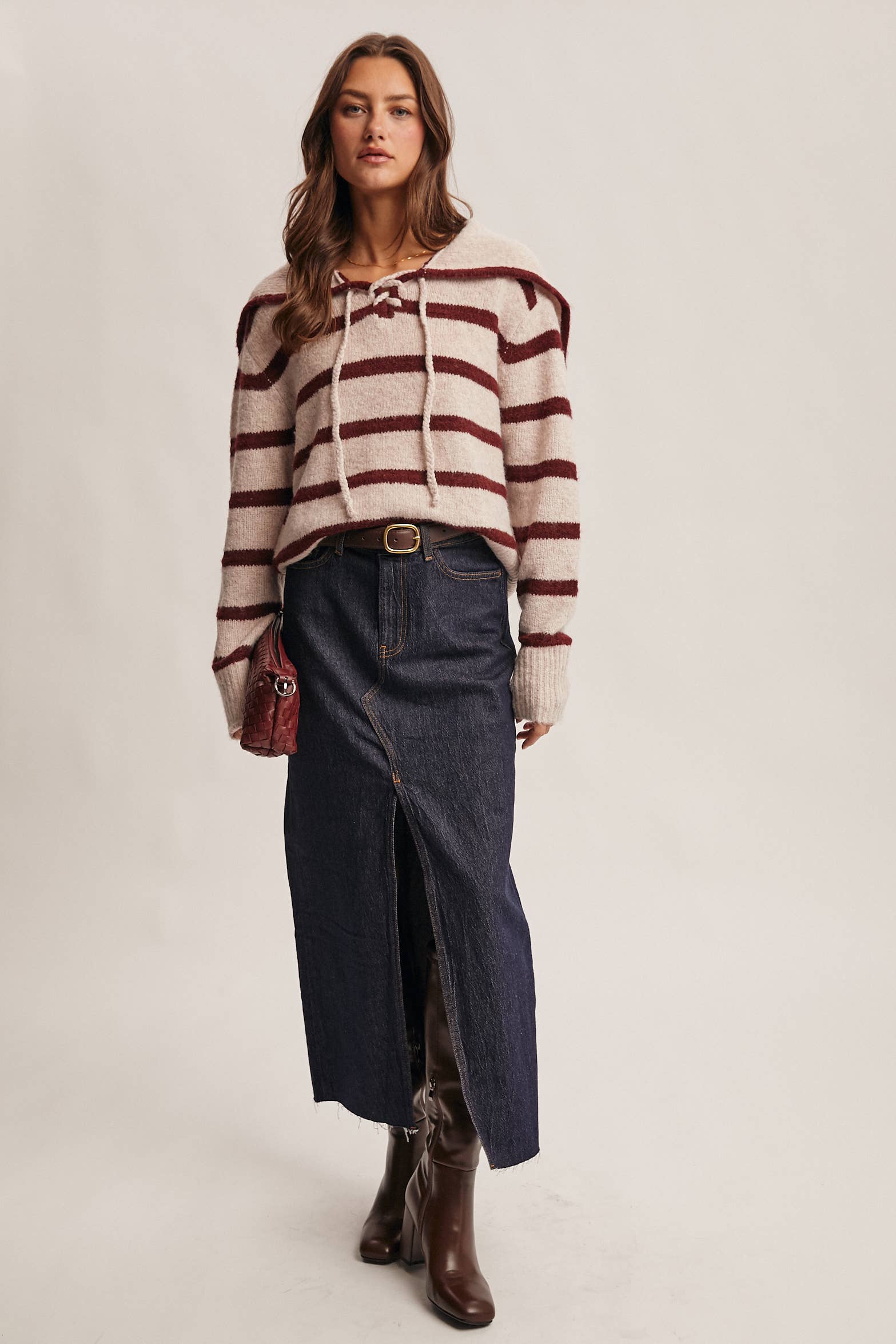 Forte - Vendita all'ingrosso Maglione tricot - Donna - Maglione a Maglia con Colletto da Marinaio a Righe FSW00127