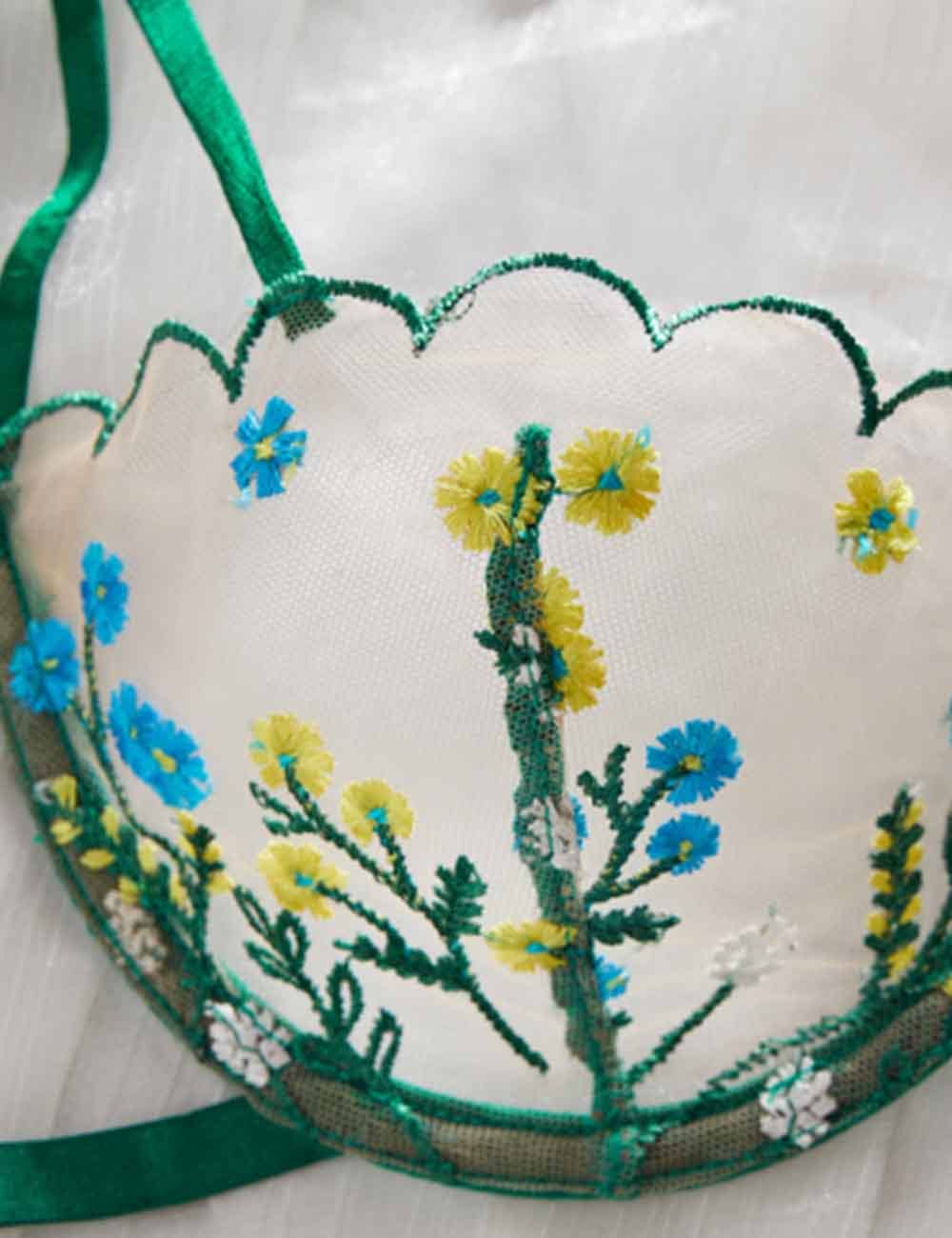 Green Ladies Sexy Multicolor Embroidery Bow Lingerie Set for wholesale on Faire3