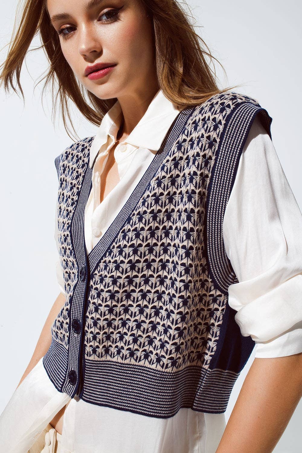 Knitted Cropped Vest With Rib Trim in blue for wholesale on Faire5