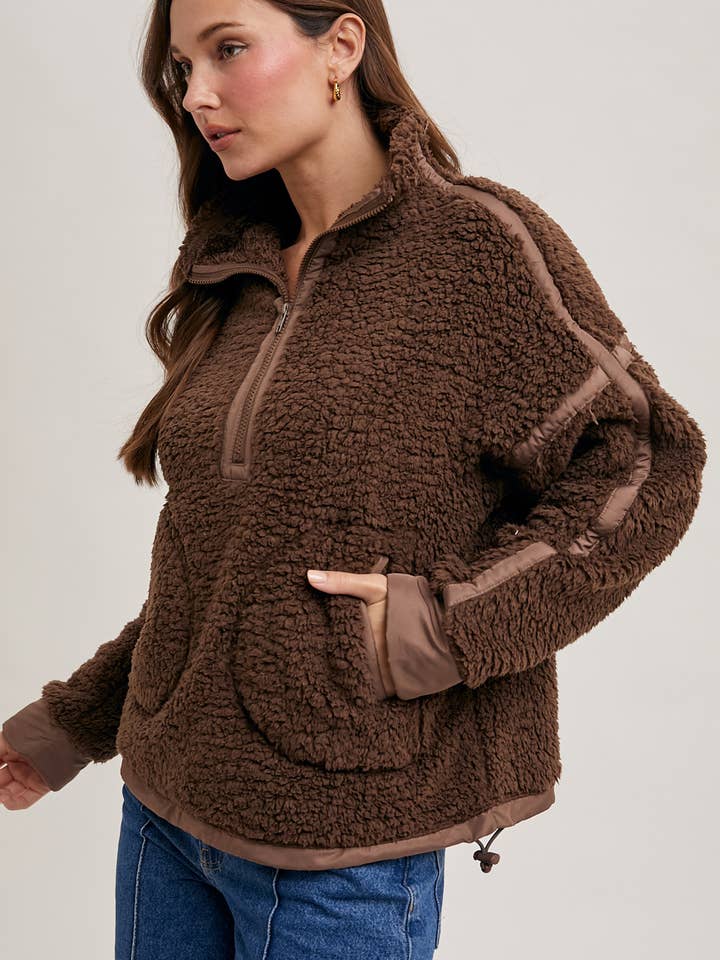 Bluivy - Wholesale Outerwear - Maternity - HALF ZIP CONTRAST SHERPA FLEECE TOP WITH POCKETS