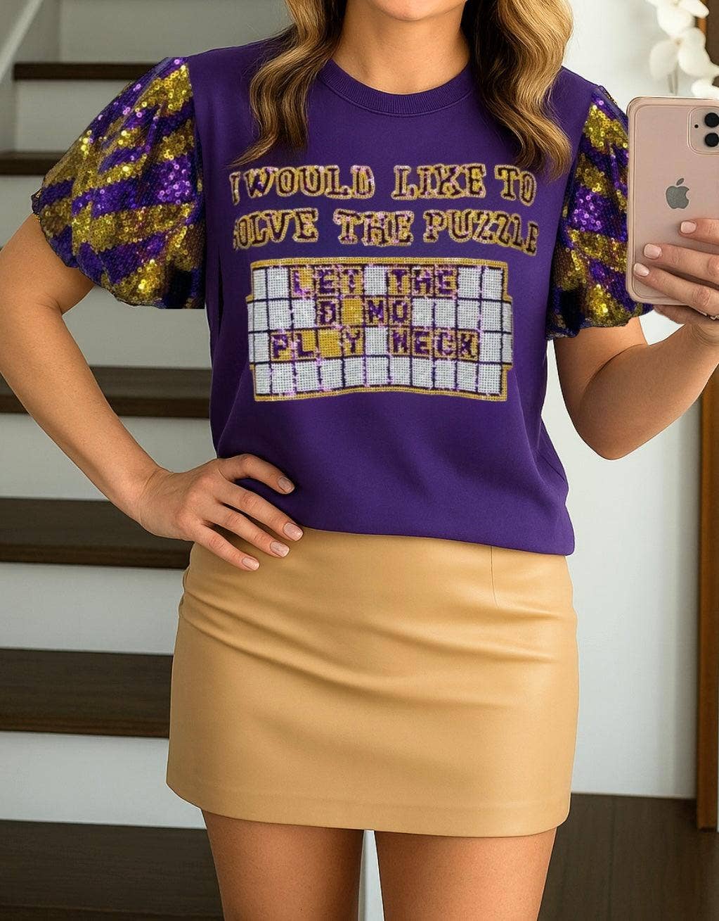 Sash Clothing Bar - Wholesale Blouse - Women's - Gameday Purple Gold Let The Band Play Neck Sequin Tiger Top2