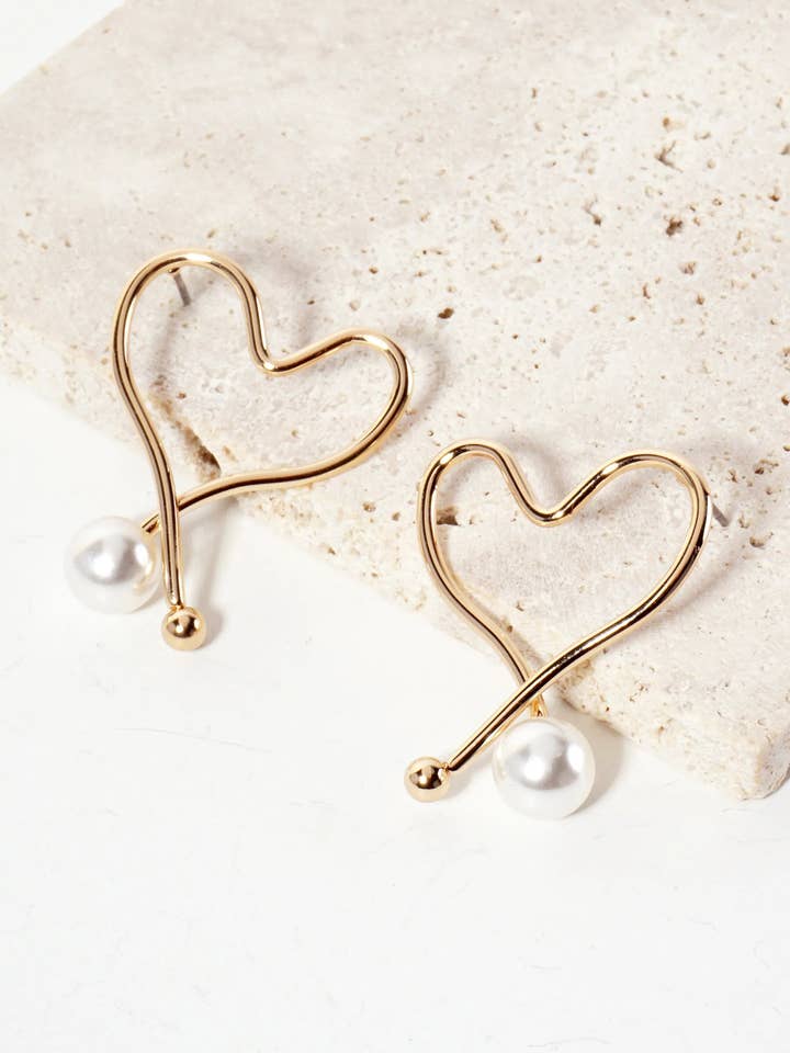 Wire Pearl Heart Post Earrings for wholesale by Wild Honey