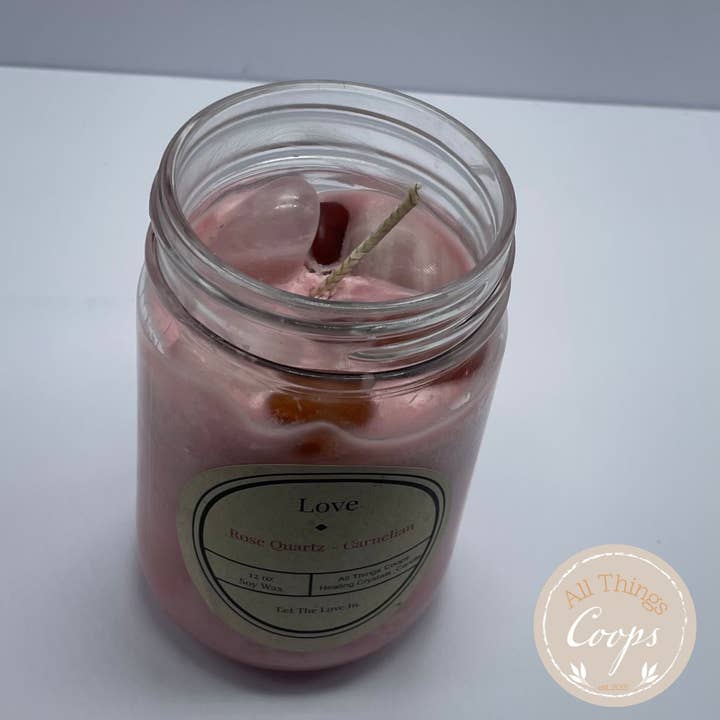 All Things Coop – wholesale Jar/filled candle – Love Crystal Candle- Rose Quartz Candle, Carnelian Candle, Reiki Healing Candles, Healing Crystals Candle
