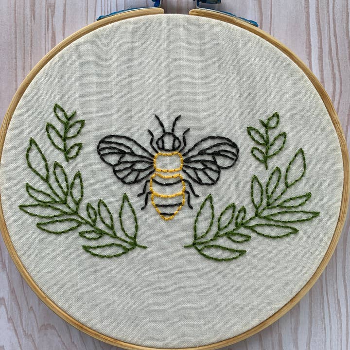 Bee and Leaves Finished Embroidery Hoop for wholesale by H Squared Designs