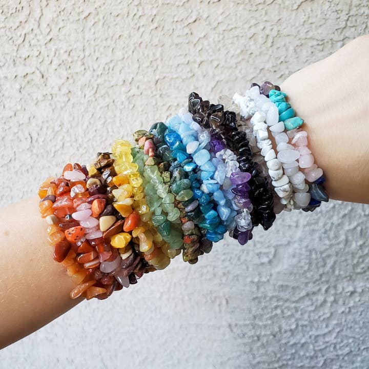 Chakra Mixed Stone Chip Stretch Bracelets - Intuitively Chosen for wholesale by Copper Bug Jewelry