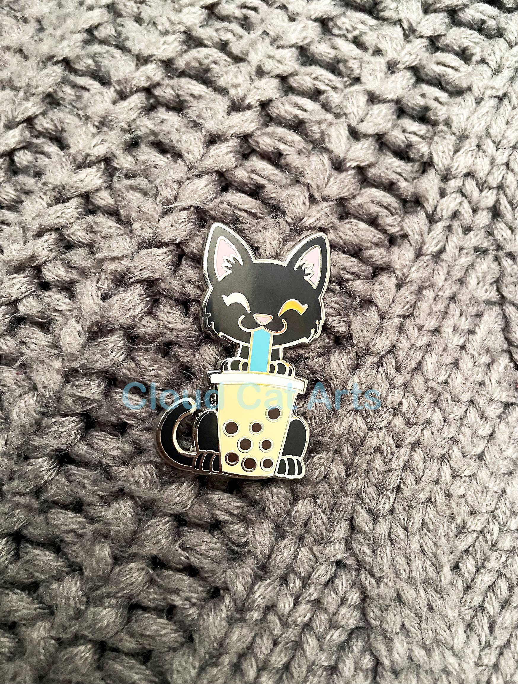 Cloud Cat Arts - Wholesale Lapel Pin/Button - Black Kitty/ Boba Cat Milk Tea - Hard Enamel Pin1