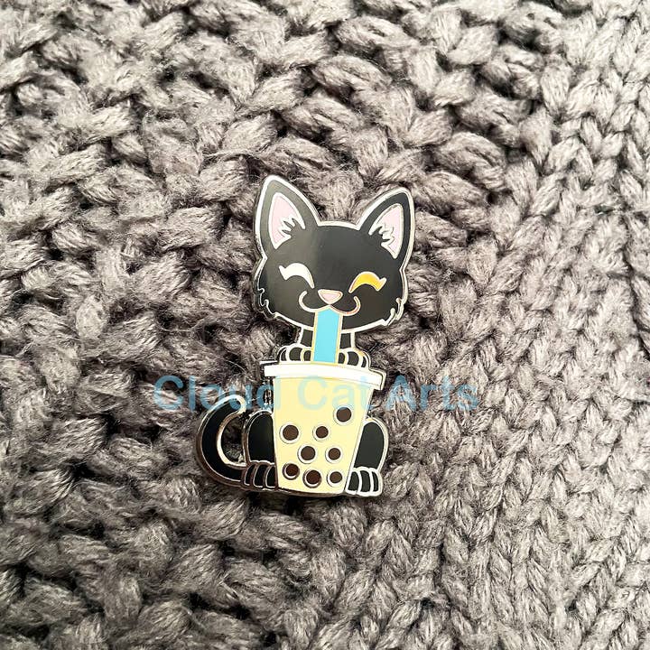 Cloud Cat Arts - Wholesale Lapel Pin/Button - Black Kitty/ Boba Cat Milk Tea - Hard Enamel Pin1