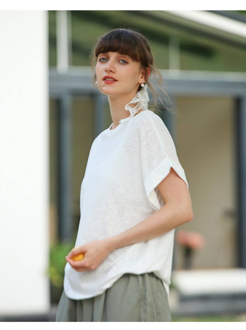 WHITE French slouchy cotton and linen blend T-shirt for wholesale on Faire4