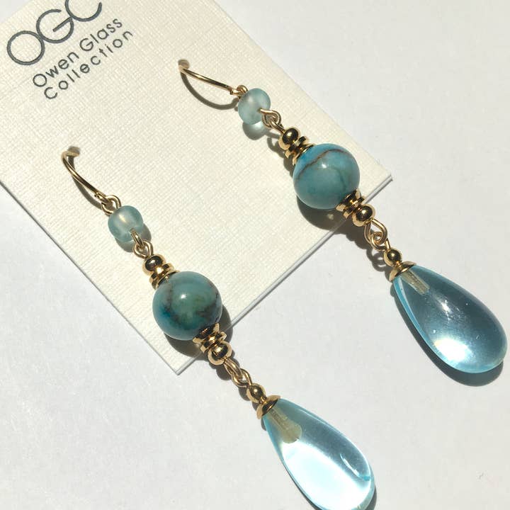 RIVIERA 8 - AQUA GLASS, TURQUOISE JASPER, GOLD EARRINGS for wholesale by Owen Glass Collection