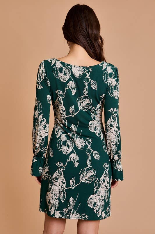 Floral Vert Forêt ROBE À IMPRIMÉ FLORAL AVEC MANCHES LONGUES À VOLANTS en vente sur Faire2