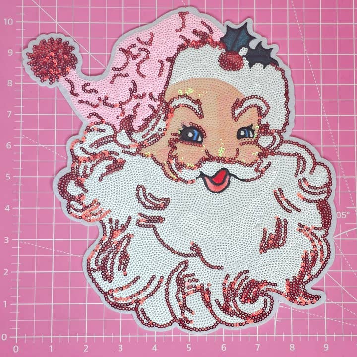 Scratch Decor - Wholesale Patch - Pink Hat Retro Santa Large Sequin Iron-on Patch1