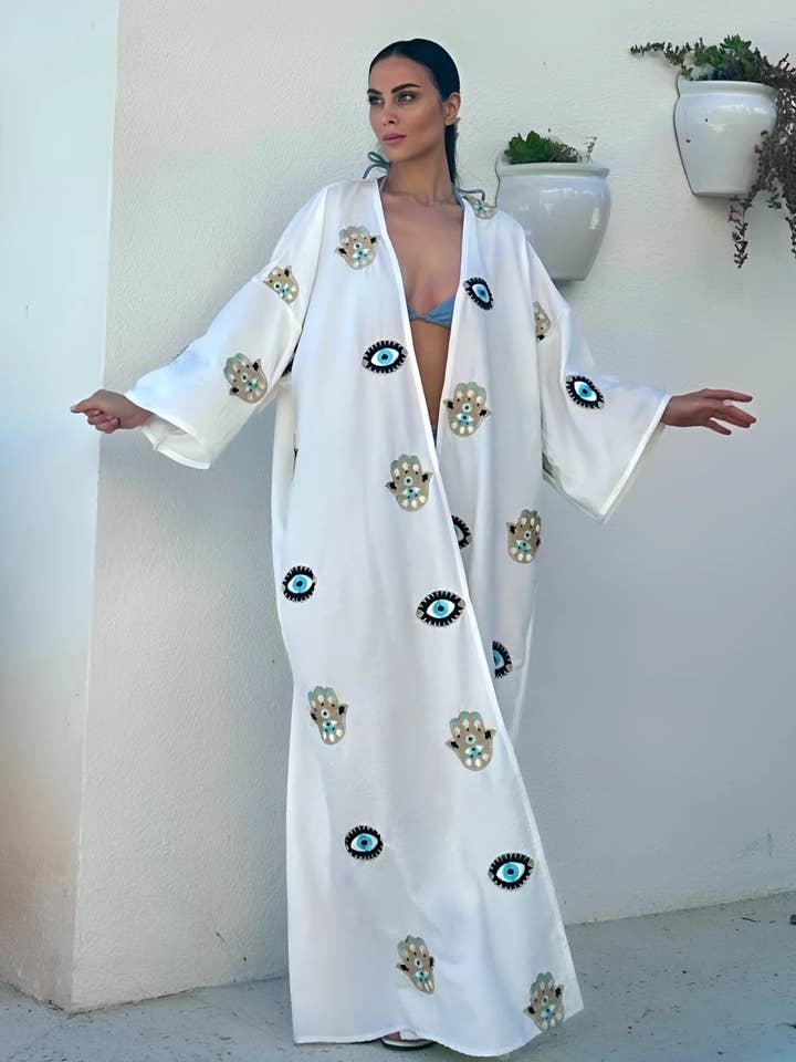 Evil Eye & Hamsa Hand White Kimono for wholesale by Unmatched BYU