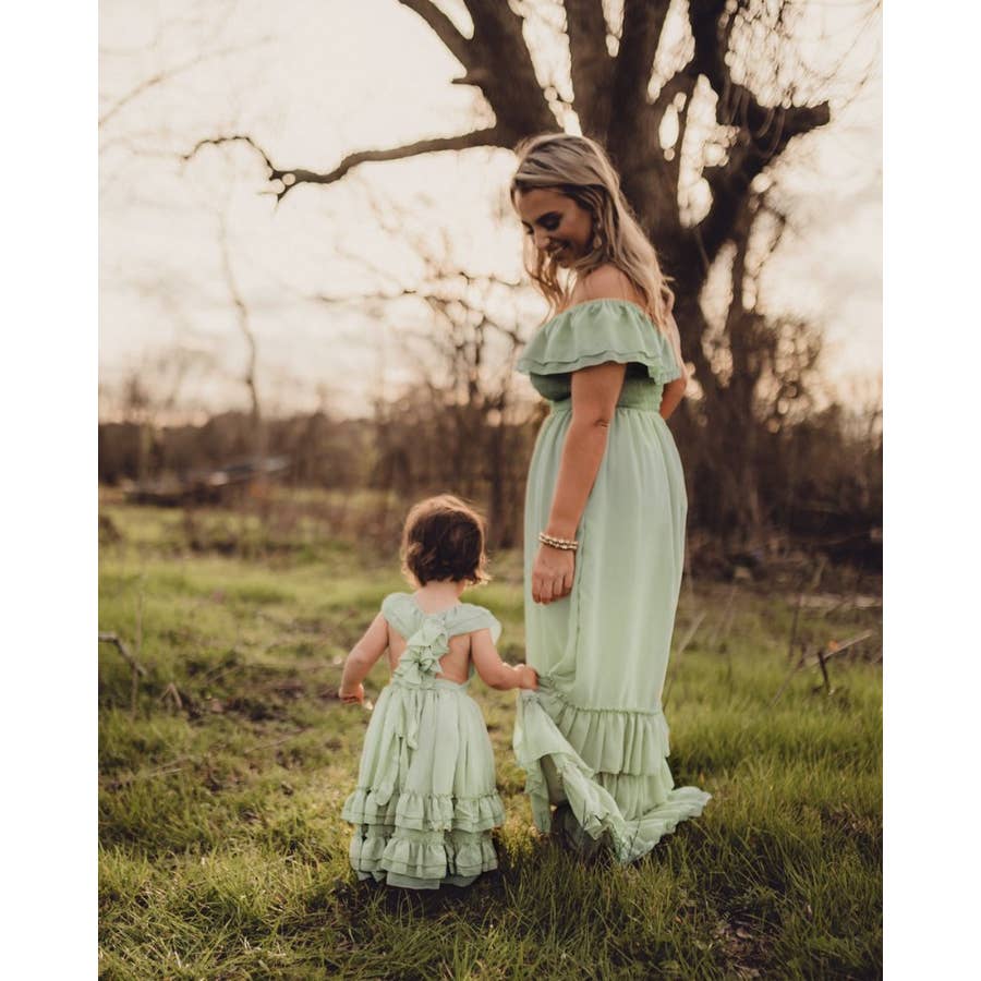 Mommy and Me Nellie Ruffle Maxi Dress - Sage for wholesale by Bailey's Blossoms