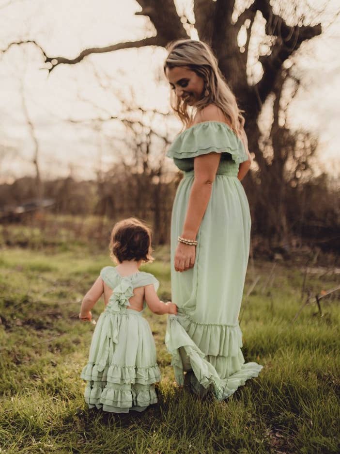 Mommy and Me Nellie Ruffle Maxi Dress - Sage for wholesale by Bailey's Blossoms