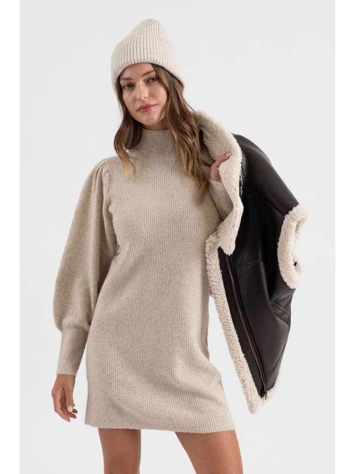 Blu Pepper - Wholesale Dress - Women's - MOCK NECK LONG PUFF SLEEVE KNIT SWEATER DRESS