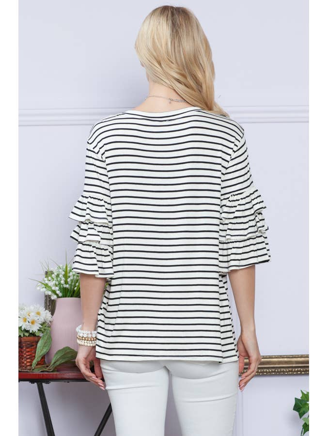 WHITE BLACK RUFFLE HALF SLEEVE STRIPE TOP for wholesale on Faire