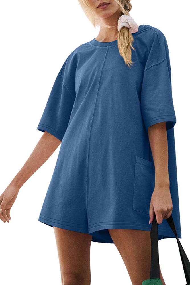 UNISHE - Wholesale Romper - Women's - Backless V Neck Short Sleeves Loose Pockets Romper ASJP07914