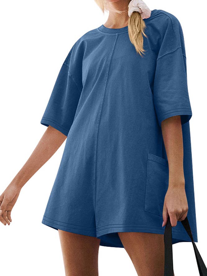 UNISHE - Wholesale Romper - Women's - Backless V Neck Short Sleeves Loose Pockets Romper ASJP07914