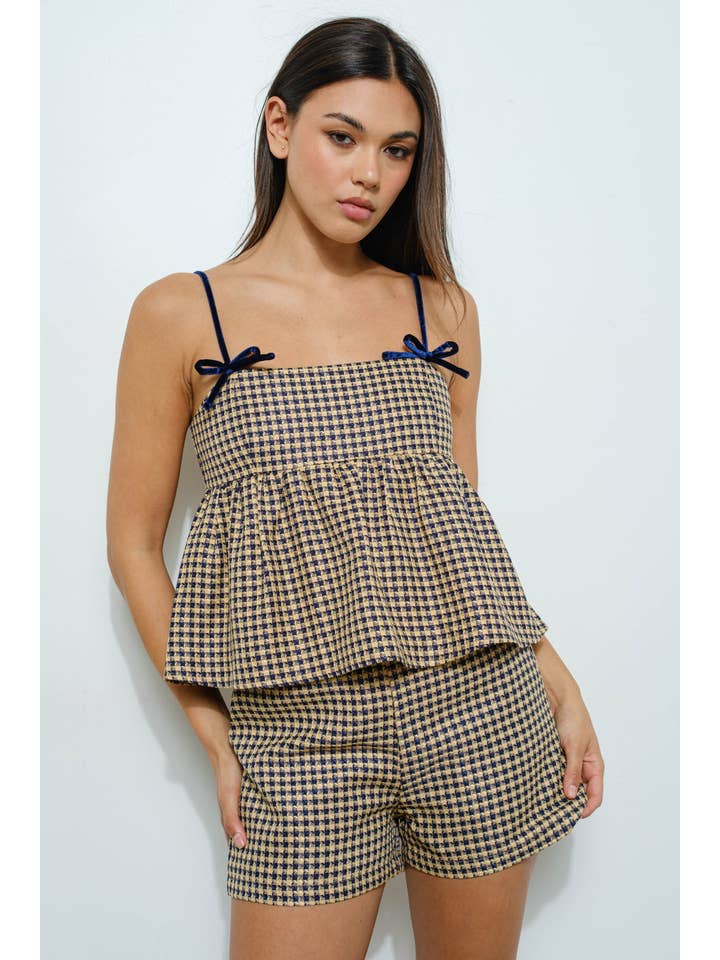 Beige Black TWEED PEPLUM TOP for wholesale on Faire2