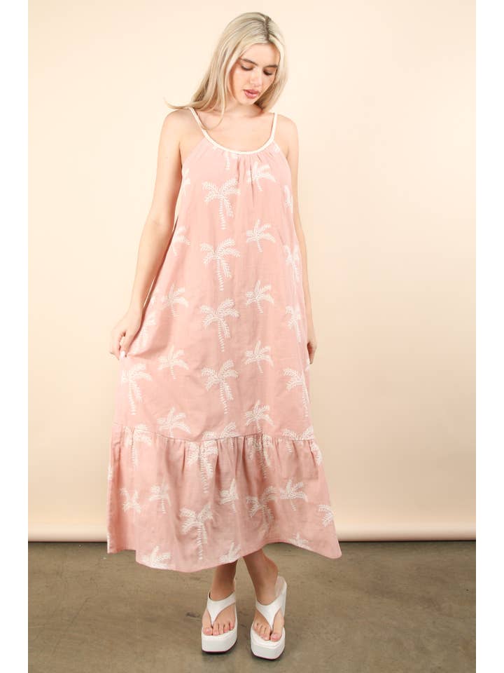VERY J - Wholesale Dress - Women's - ND31675-Palm Tree Embroidered Summer Boho Midi Dress